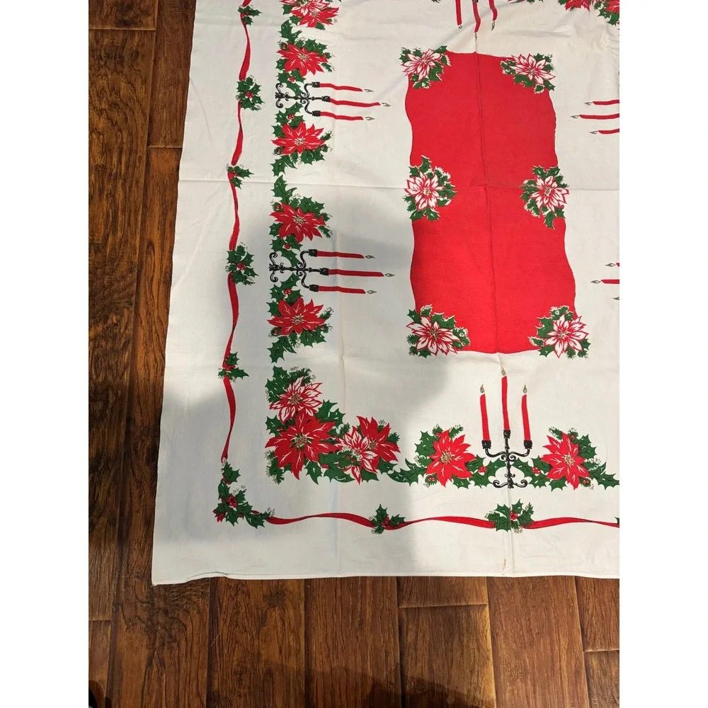 Vintage Christmas Tablecloth‎ Poinsettia Candelabra Red White Green 52x62